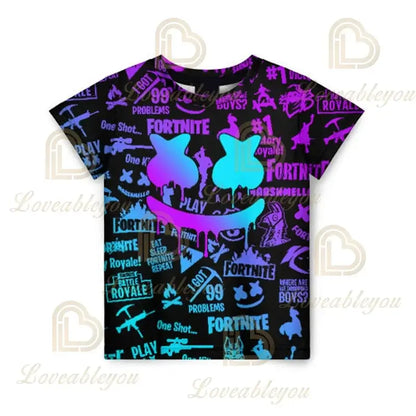 Camiseta infantil de verano Cartoon Fortnite con estampado 3D, para niños y niñas, streetwear para adultos y niños, camiseta divertida de cuello redondo