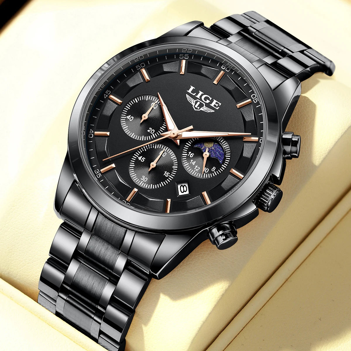 Montre pour homme LIGE – Chronographe à quartz de luxe, étanche (3 bars), avec aiguilles luminescentes