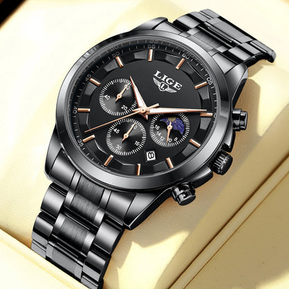 Montre pour homme LIGE – Chronographe à quartz de luxe, étanche (3 bars), avec aiguilles luminescentes