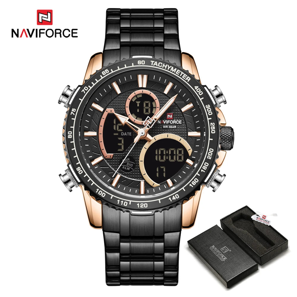 NAVIFORCE Men’s Sports Watch – Original luxury stainless steel wristwatch, water-resistant military-style model with dual display