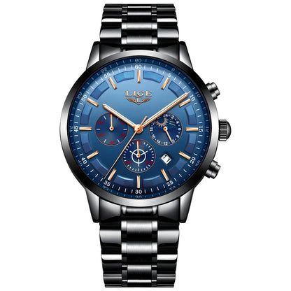Montre pour homme LIGE – Chronographe à quartz de luxe, étanche (3 bars), avec aiguilles luminescentes – Idée cadeau (boîte incluse)