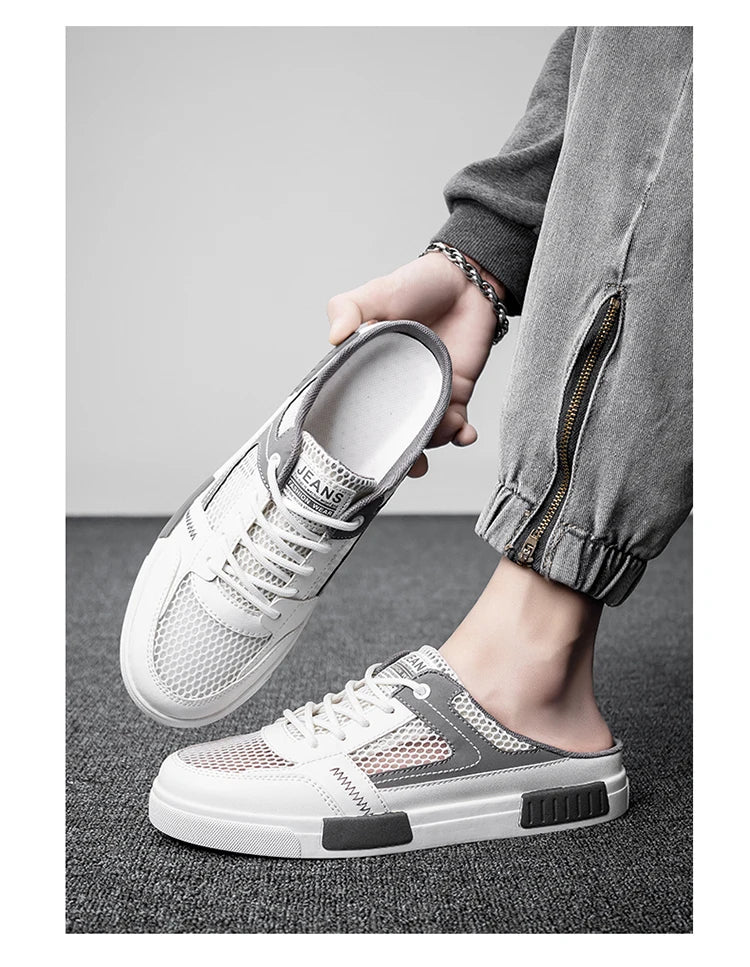 Sandales super taille 2025, nouvelles pantoufles d'été en maille perforée pour hommes, chaussures de sports et de loisirs de plein air respirantes, demi-pantoufles