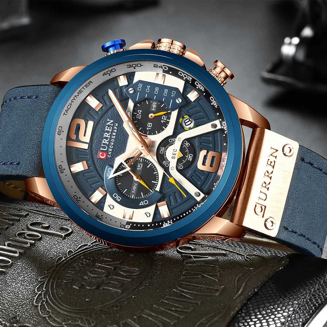 Montre pour homme CURREN 8329 – Style sport décontracté, design militaire, bracelet en cuir, chronographe tendance, montre de luxe de grande marque