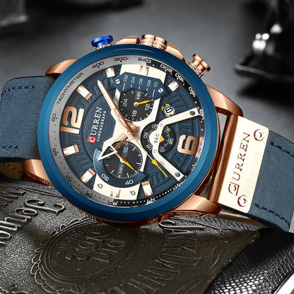 Montre pour homme CURREN 8329 – Style sport décontracté, design militaire, bracelet en cuir, chronographe tendance, montre de luxe de grande marque