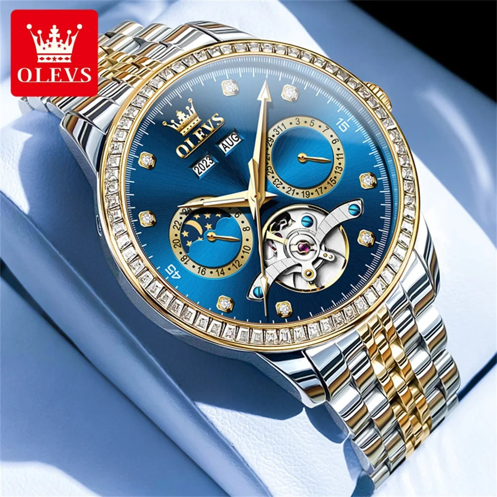 OLEVS 7016 Automatic Man Watch Stainless Steel Diamond Bezel Skeleton Flywheel Moon Phase Luminous Waterproof Mechanical Watches