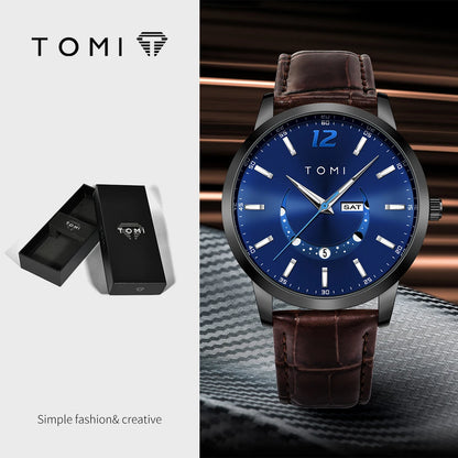 Ρολόι χαλαζία TOMI, επαγγελματικό και κομψό στυλ, με δερμάτινο λουράκι, κάσα από κράμα και καντράν με δείκτες – Σχεδιασμός υψηλής ποιότητας, ιδανικό δώρο για άνδρες