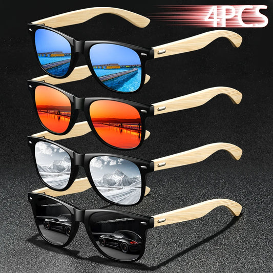 4PCS Fashion Square Unisex Bamboo Wood Vintage Sunglasses For Men Women Driving Fishing Brand Designer Sun Glasses Man