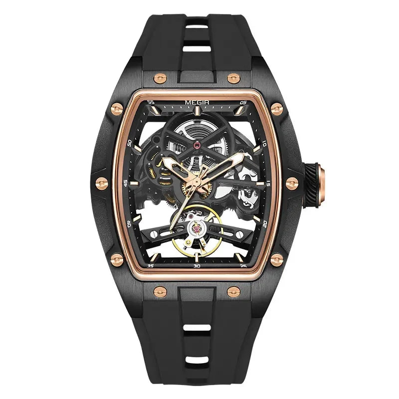 Orologio da polso automatico MEGIR da uomo, fashion, cinturino in silicone nero, impermeabile, luminoso, sportivo, meccanico, con quadrante tonneau 2242