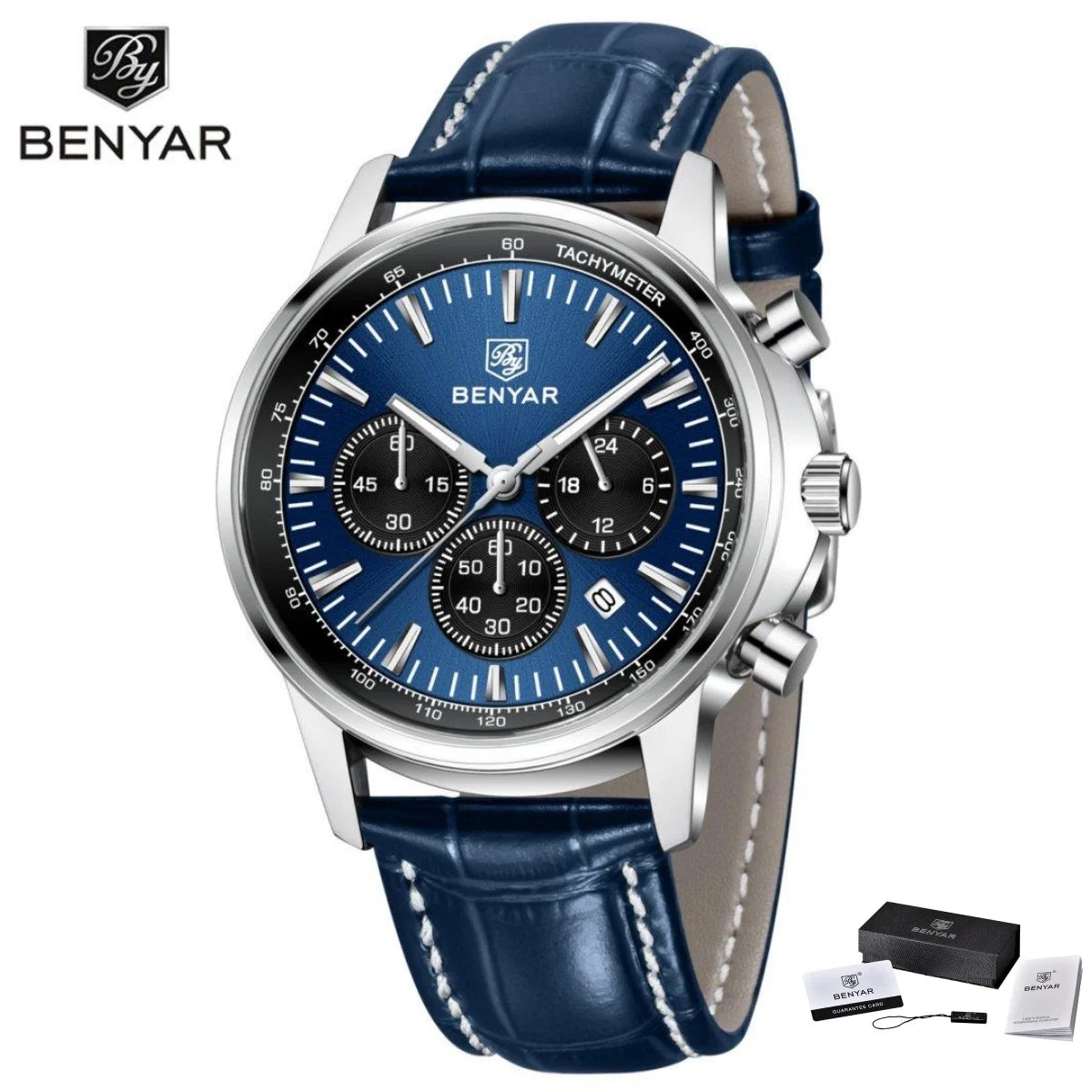 Montre de luxe pour homme Benyar – Chronographe avec date, bracelet en cuir, étanche, luminescente, style sportif et militaire, montre à quartz