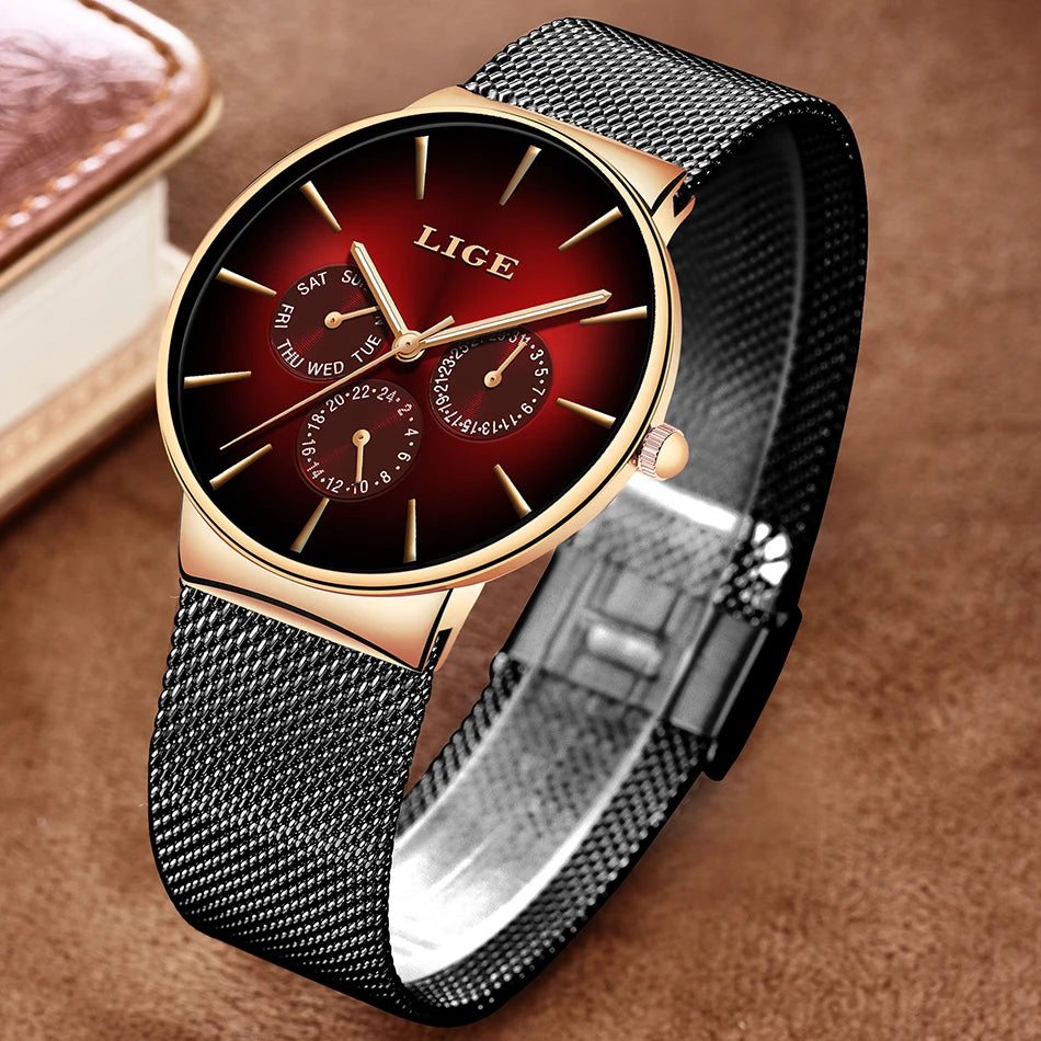 Montre pour femme LIGE, élégante et tendance – Style sport-décontracté, bracelet en maille, mouvement à quartz, affichage de la date et du jour, étanche.