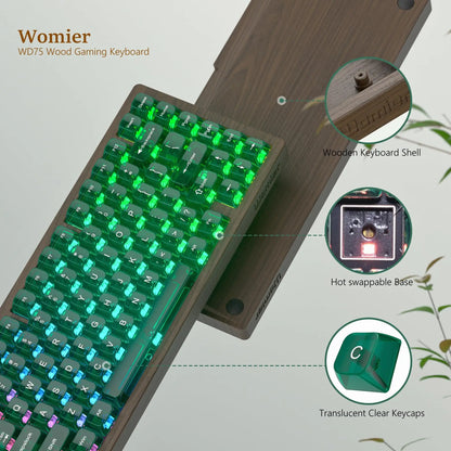 Womier WD75 QMK/VIA Tastiera gaming in legno, wireless tri-mode, meccanica personalizzabile RGB hot swappable, 8000mAh