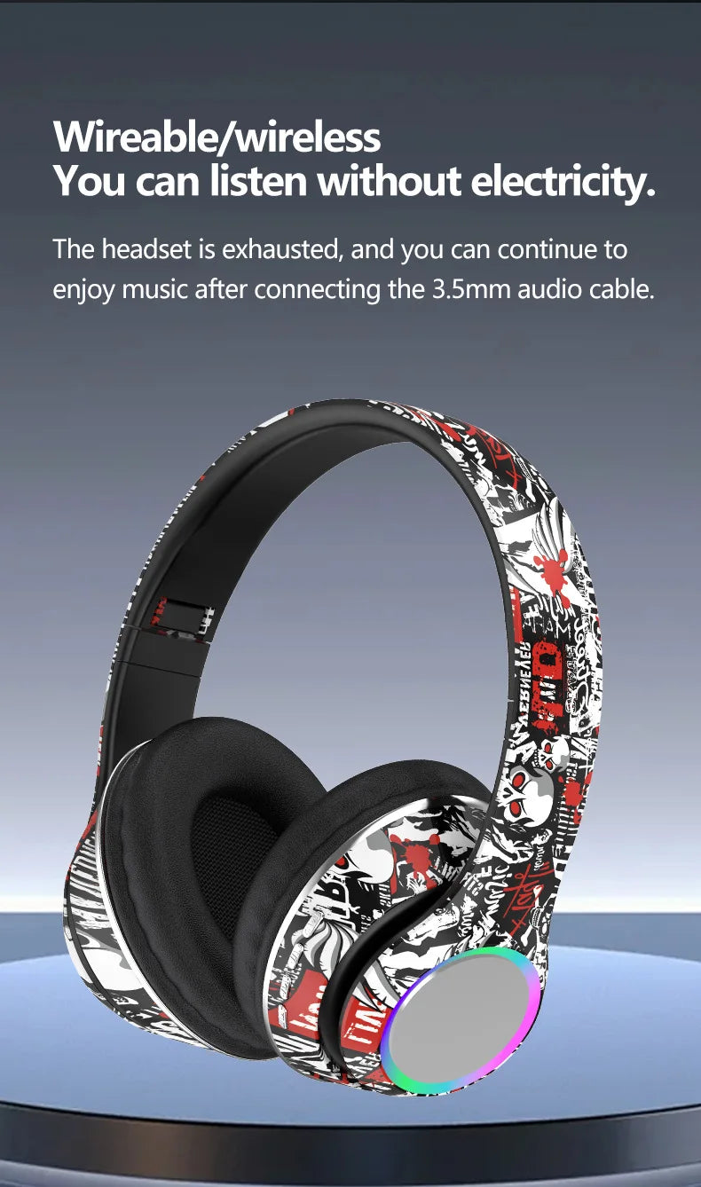 P85 Graffiti Wireless Headset Bluetooth 5.3 Gamer Headphones with Microphone Overhead Headphone with LED Light Foldable FM Radio