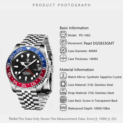 New PAGANI DESIGN Top Brand GMT Mens Wristwatch Sapphire Glass Automatic Men's Watch 100M Waterproof 40mm Men Mechanical Watches