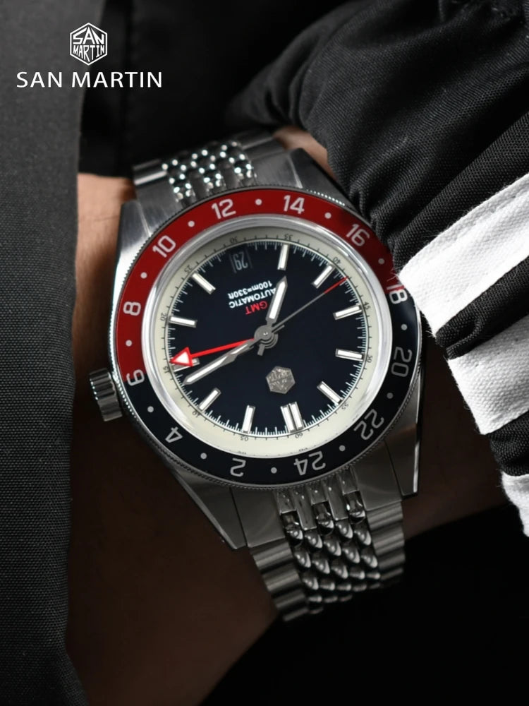 San Martin 39.5mm Limited Edition Full Lume Dial Automatic Mens Watch NH34 GMT 6H Date 10Bar Luxury Kol Saati SN0116W
