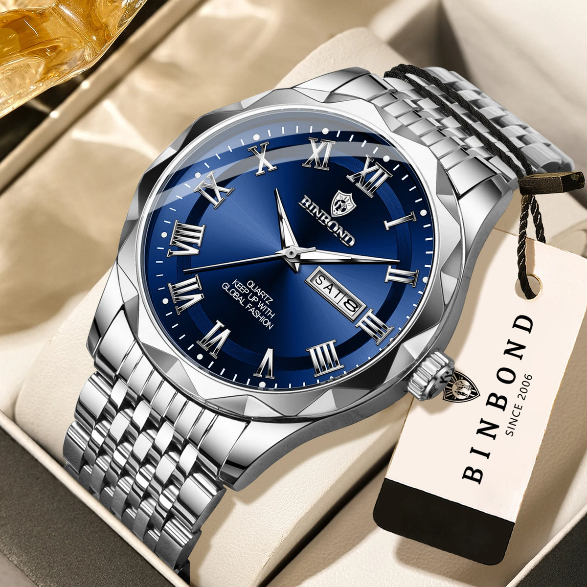 Montre-bracelet de luxe à quartz BINBOND Original Brand pour homme, lumineuse, étanche, date automatique, affichage du jour de la semaine, style décontracté.