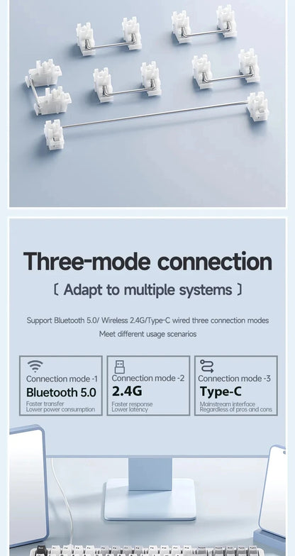 Teclado mecánico gaming Aula F99 de 99 teclas, tres modos: 2.4g inalámbrico, Bluetooth y cableado, hot swap, PBT, gasket y RGB para juegos y escritura