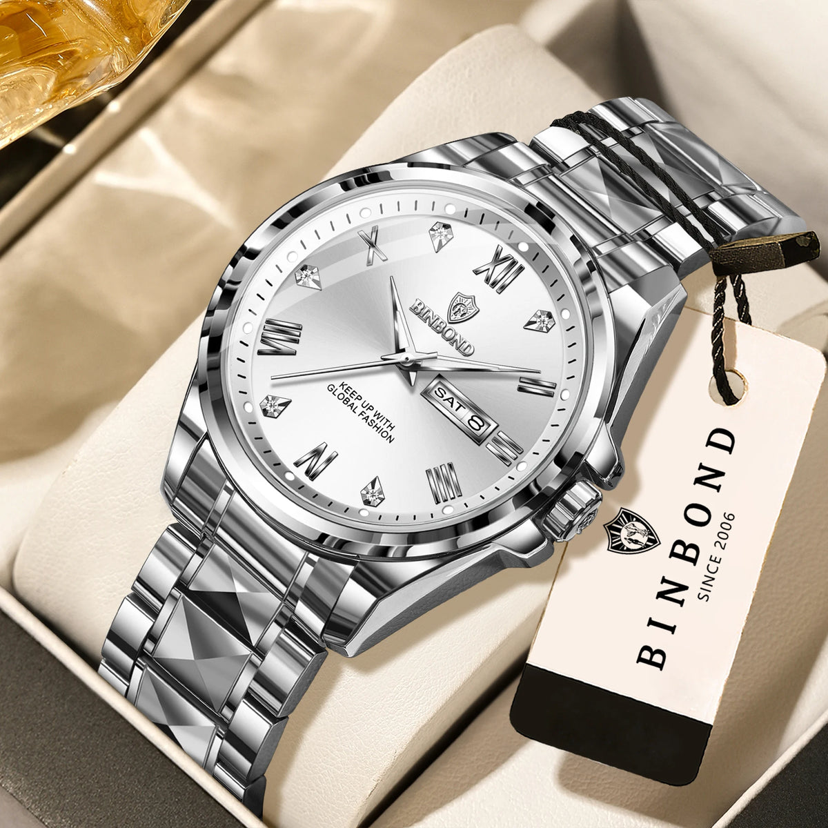 Montre-bracelet à quartz pour homme BINBOND – Style professionnel, luxueuse, lumineuse, robuste et durable, étanche, avec affichage automatique de la date et du jour de la semaine.