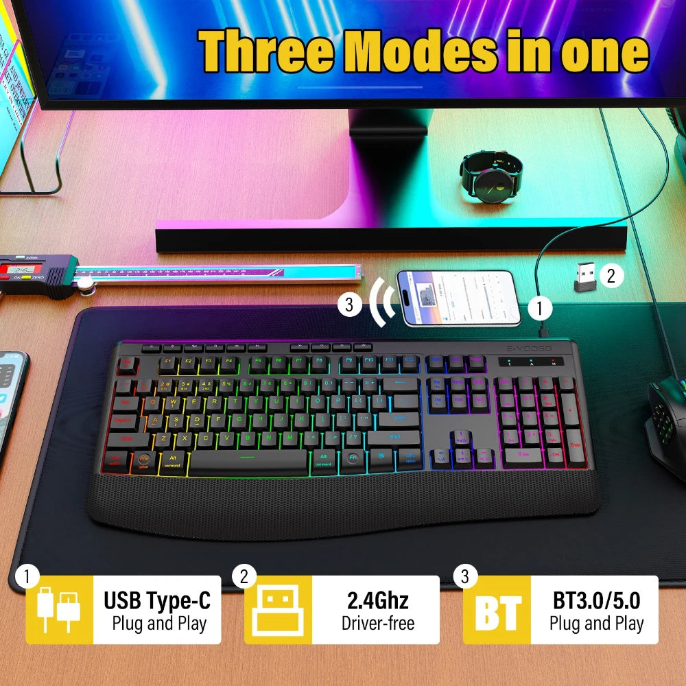 E-YOOSO RGB Colorful Gaming Keyboard 104 Keys Bluetooth 2.4G USB Wired Mechanical Keyboard with Wrist Rest Low Voltage Indicator