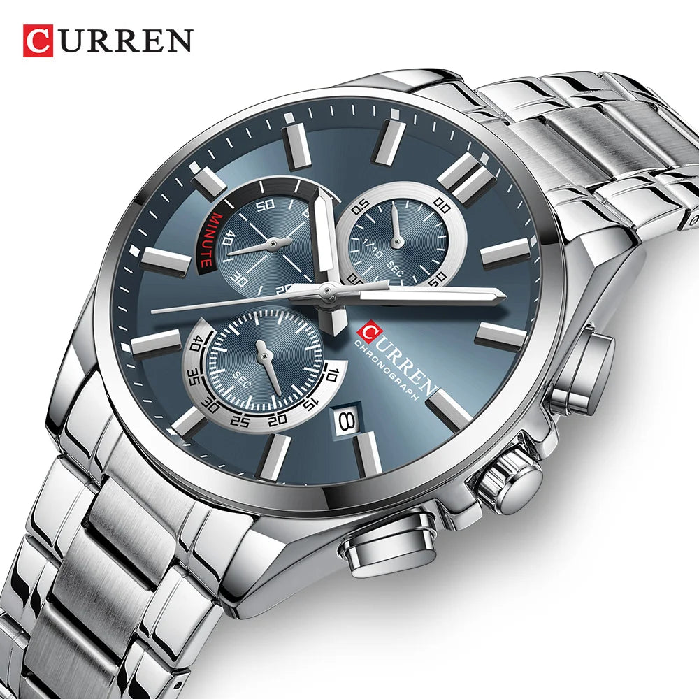 Montre homme CURREN, marque de luxe, originale, étanche, en acier inoxydable, chronographe, phase de lune, date, cadran rotatif