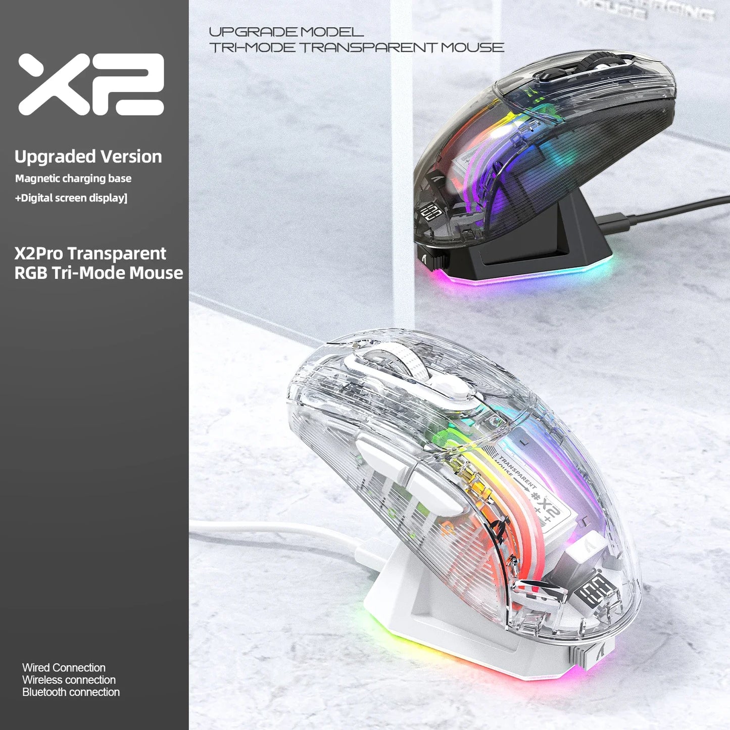 Attack Shark X2PRO Bluetooth Mouse, Tri-Mode , RGB Lights, Magnetic Charging ,Transparent, Battery Indicator, Computer Phone