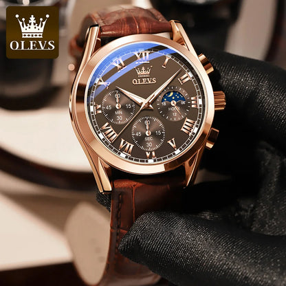 Montre à quartz pour homme OLEVS 2871 – Modèle de grande marque, étanche, style business, avec affichage des phases de lune, aiguilles luminescentes et bracelet en cuir.