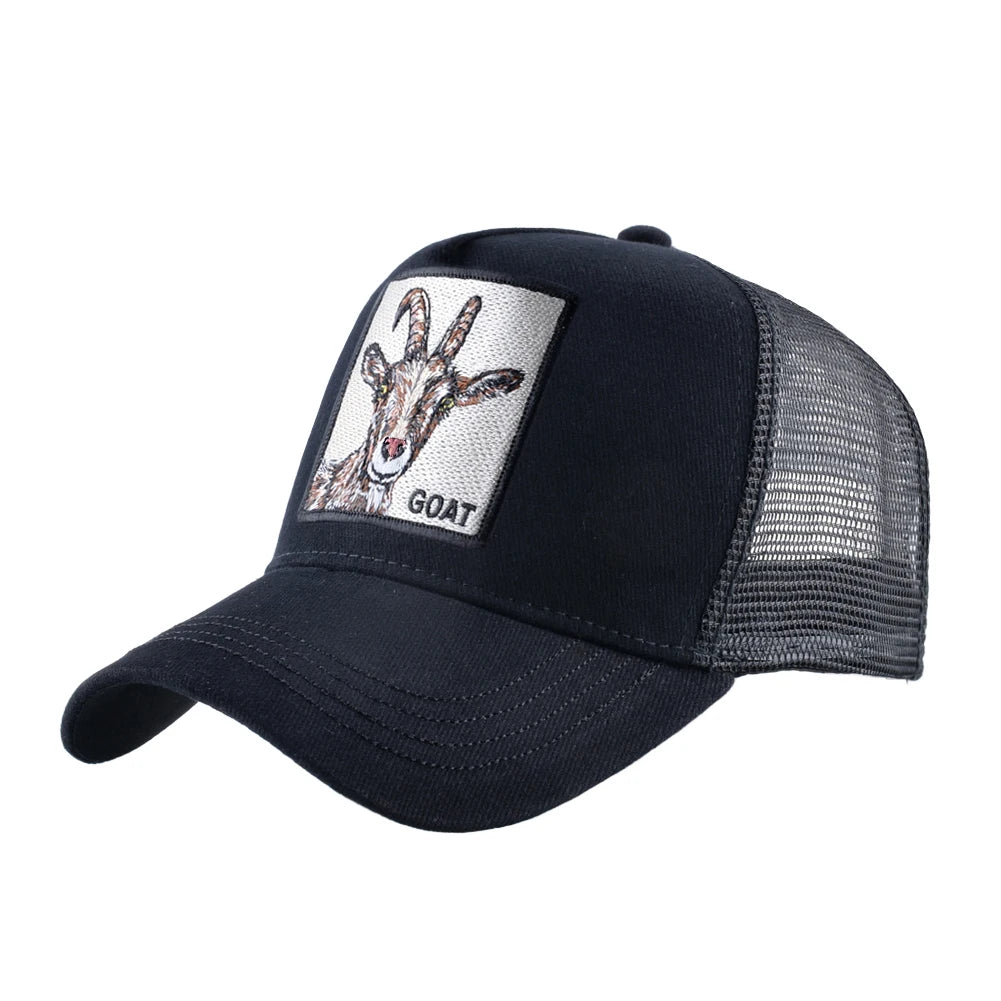 Modische Trucker-Caps mit besticktem Ziegen-Patch, Vier-Jahreszeiten-Snapback-Baseballcap für Herren und Damen, verstellbare Schirmmütze