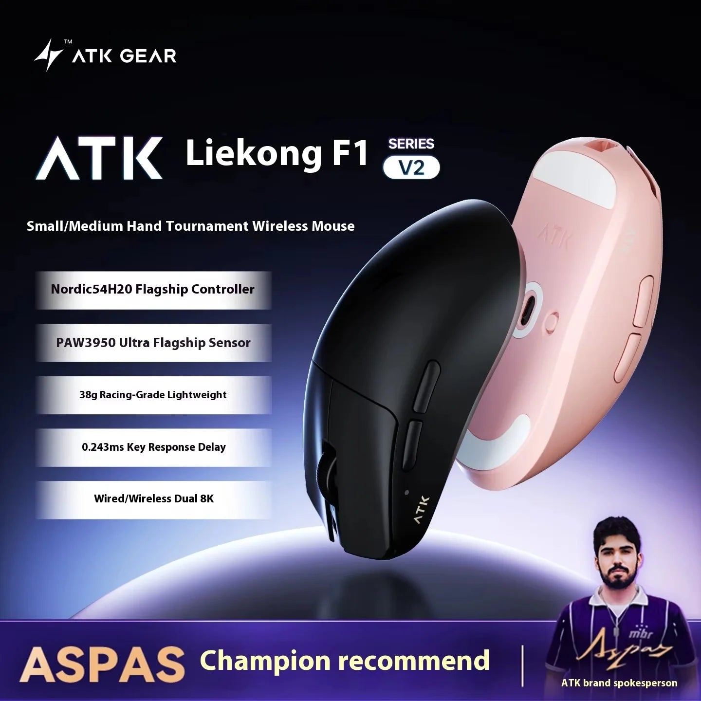 Mouse gaming ATK F1 V2 Ultra MAX wireless tri-mode PAW3950, dublu 8k, ușor, ergonomic, mouse esports, accesoriu PC personalizat