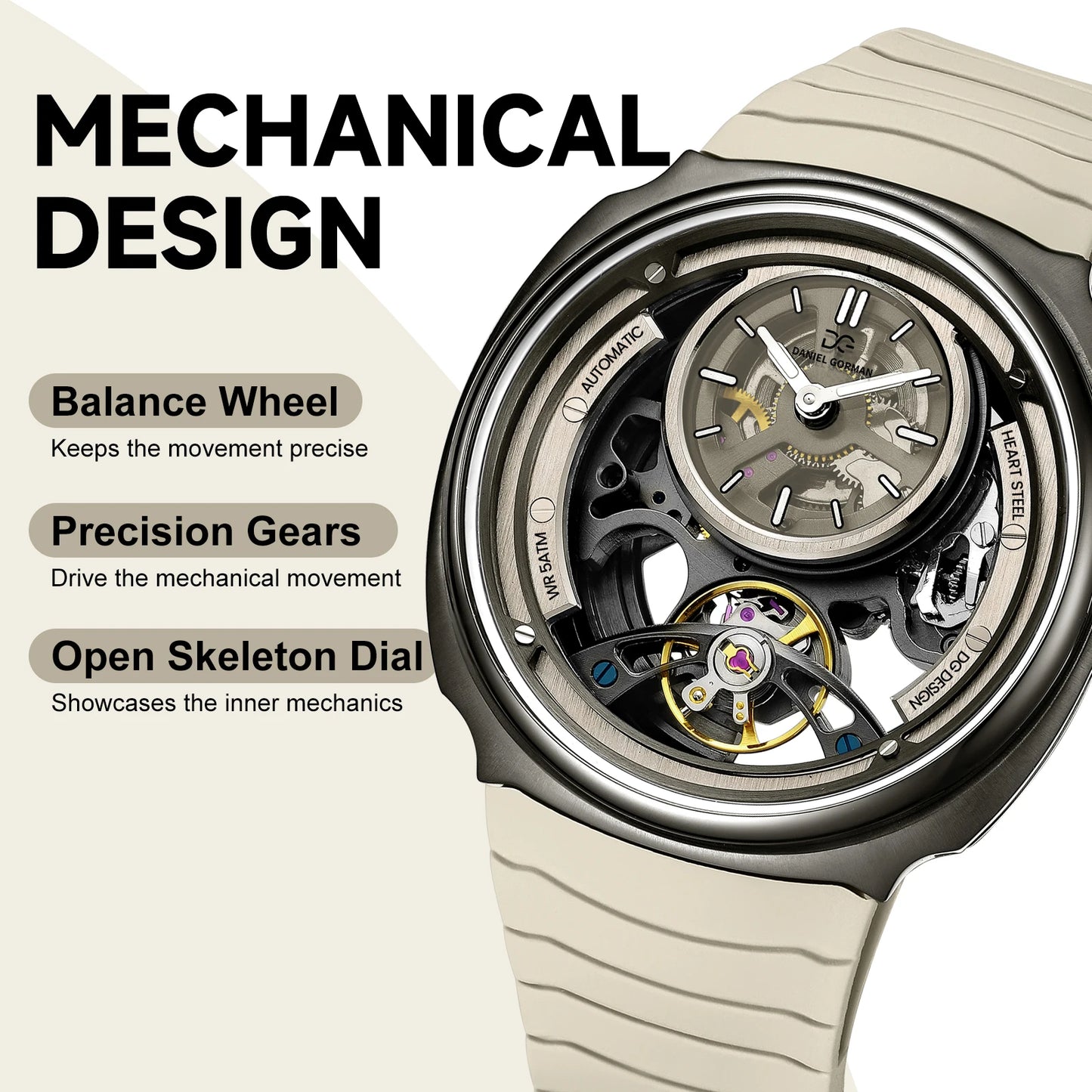 DANIEL GORMAN High Quality Men's Automatic Watch with Stylish Sports Silicone Strap 5 ATM Waterproof Mechanical Watches DG8127