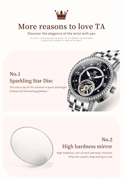 OLEVS Women's Watches Starry Sky Design Automatic Watch for Women Stainless Steel Flywheel Hollowed Ladies Mechanical Watch 7036