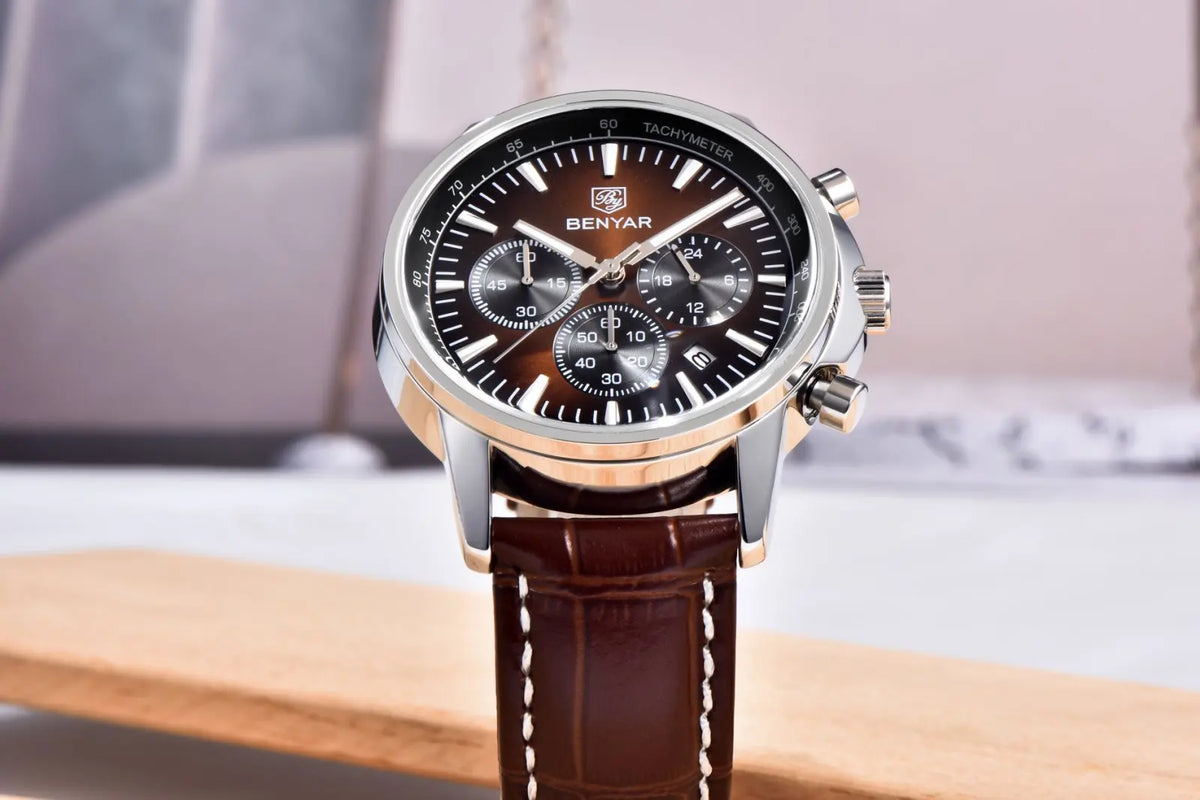 Montre de luxe pour homme Benyar – Chronographe avec date, bracelet en cuir, étanche, luminescente, style sportif et militaire, montre à quartz