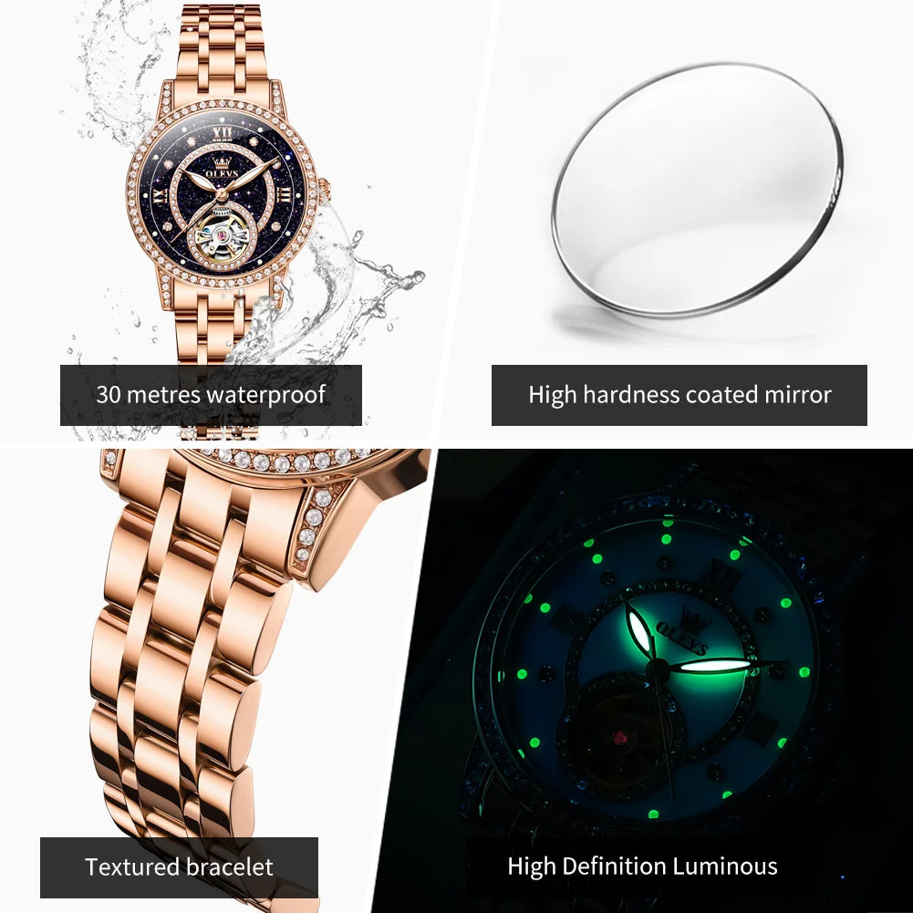 OLEVS Women's Watches Starry Sky Design Automatic Watch for Women Stainless Steel Flywheel Hollowed Ladies Mechanical Watch 7036