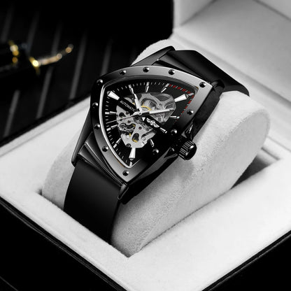 Montre automatique pour homme WINNER, design squelette triangulaire, aiguilles luminescentes, bracelet en caoutchouc, style militaire, montre mécanique de luxe