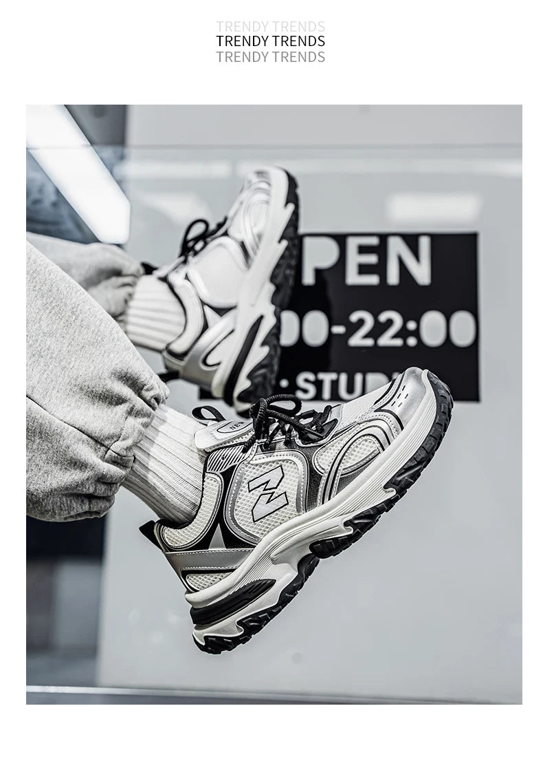 Unisex Trendy Chunky Dad Sneakers Silver Black Retro Couple Breathable Mesh Casual Platform Shoes