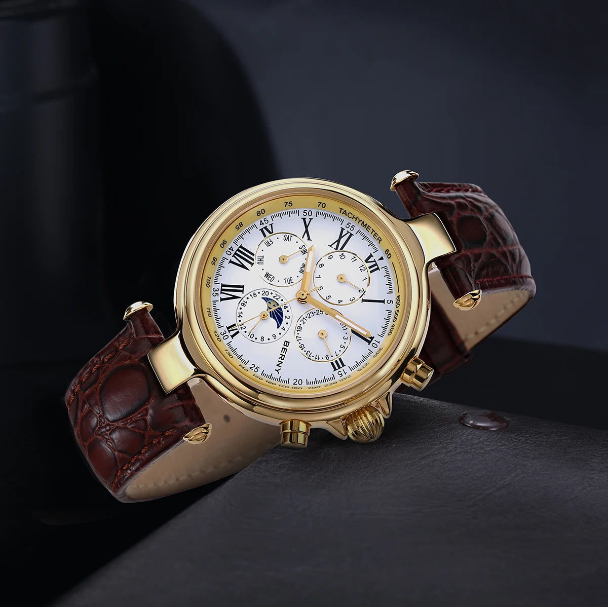 Montre automatique pour homme BERNY, style rétro, avec affichage Soleil et Lune, aiguilles luminescentes et mouvement ST1652 ; une montre mécanique classique et élégante, dotée d'un bracelet en cuir véritable.