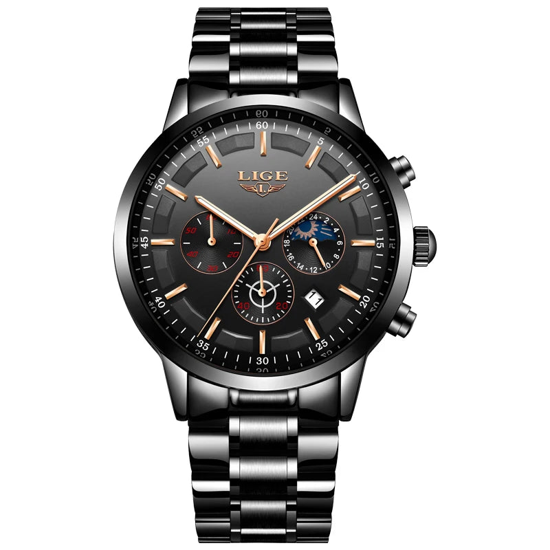 Montre pour homme LIGE – Chronographe à quartz de luxe, étanche (3 bars), avec aiguilles luminescentes – Idée cadeau (boîte incluse)