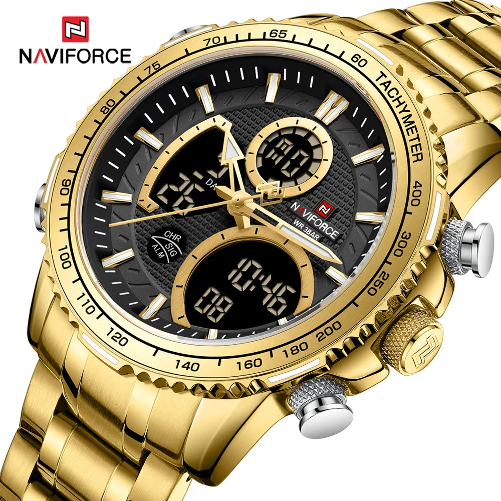 NAVIFORCE Men’s Sports Watch – Original luxury stainless steel wristwatch, water-resistant military-style model with dual display