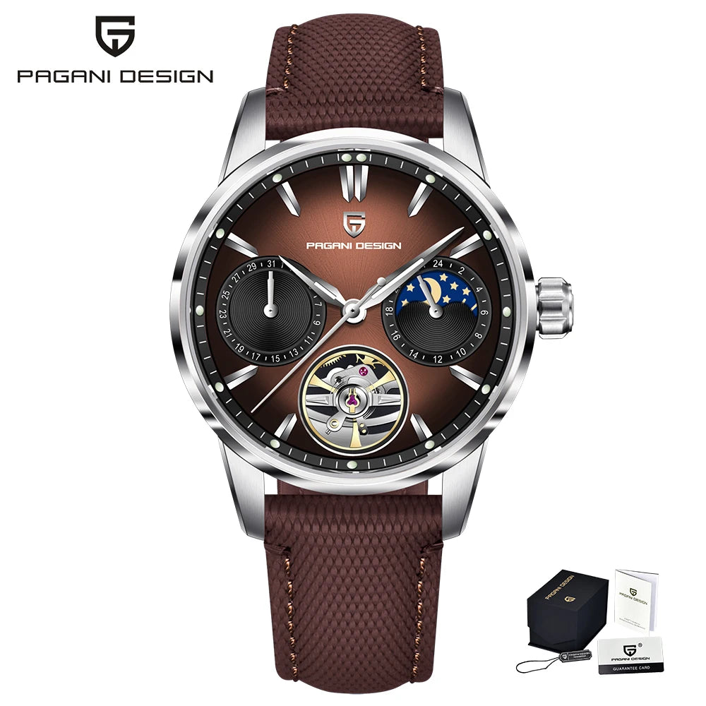 PAGANI DESIGN Newest 41MM Luxury Men's Mechanical Watch Sapphire Glass Leather Waterproof Pilot Tourbillon Moon Reroj Hombre