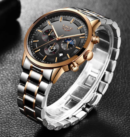 Montre pour homme LIGE – Chronographe à quartz de luxe, étanche (3 bars), avec aiguilles luminescentes – Idée cadeau (boîte incluse)
