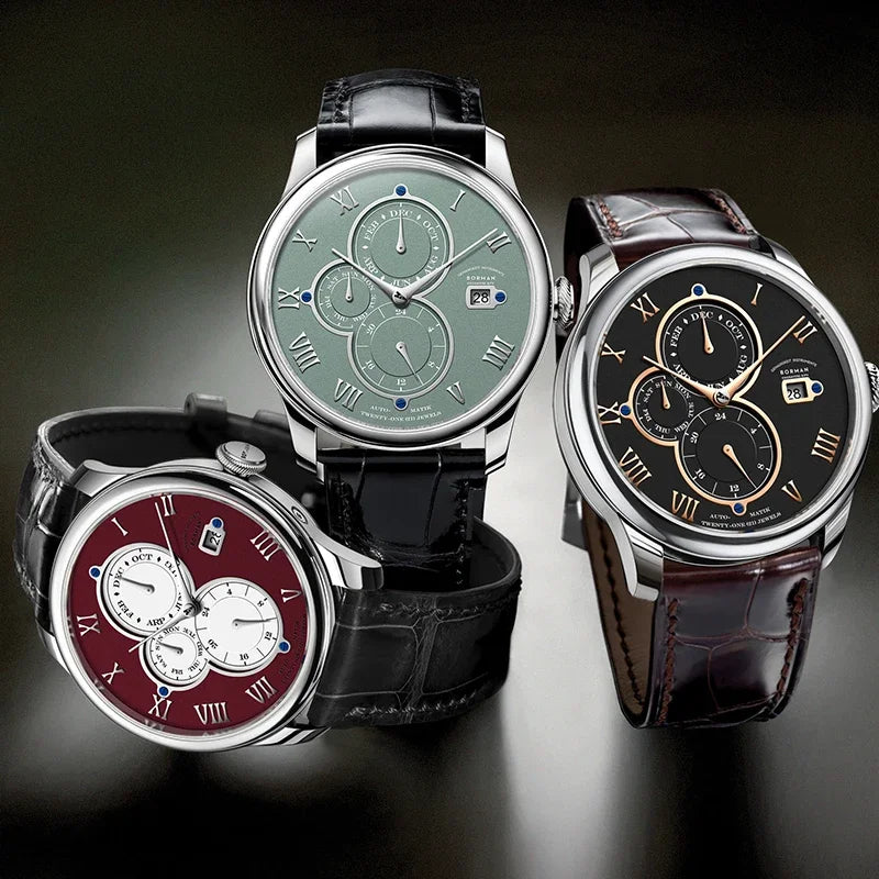 Luxury Brand BORMAN Automatic Mechanical Men's Watches Sapphire 50M Waterproof Multi-function Dial Retro Leather Clocks BM18011