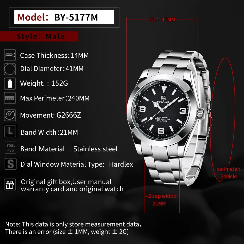 BENYAR 2025 Nuovo orologio meccanico automatico da uomo, stile business e sportivo di lusso, impermeabile 50M, orologio da uomo