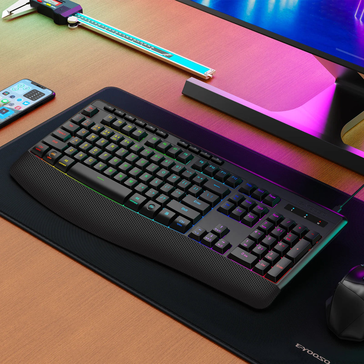 E-YOOSO RGB Colorful Gaming Keyboard 104 Keys Bluetooth 2.4G USB Wired Mechanical Keyboard with Wrist Rest Low Voltage Indicator