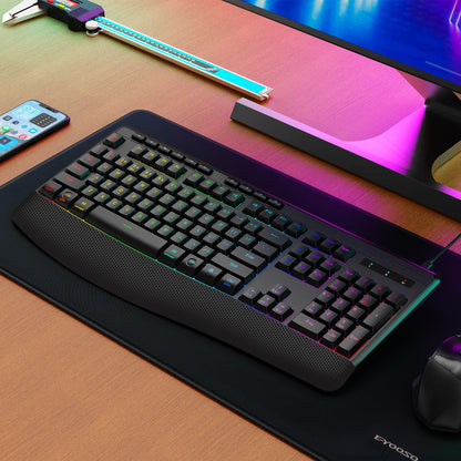 E-YOOSO RGB Colorful Gaming Keyboard 104 Keys Bluetooth 2.4G USB Wired Mechanical Keyboard with Wrist Rest Low Voltage Indicator