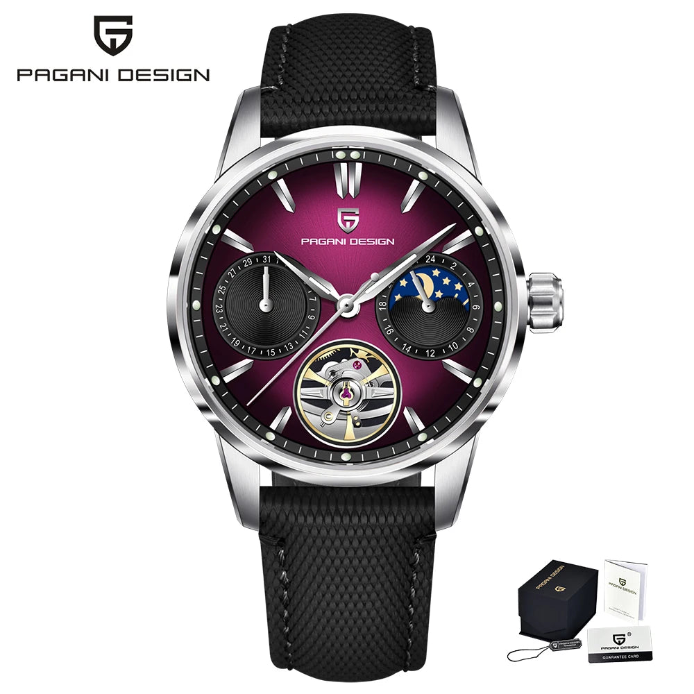 PAGANI DESIGN Newest 41MM Luxury Men's Mechanical Watch Sapphire Glass Leather Waterproof Pilot Tourbillon Moon Reroj Hombre