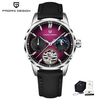PAGANI DESIGN Newest 41MM Luxury Men's Mechanical Watch Sapphire Glass Leather Waterproof Pilot Tourbillon Moon Reroj Hombre