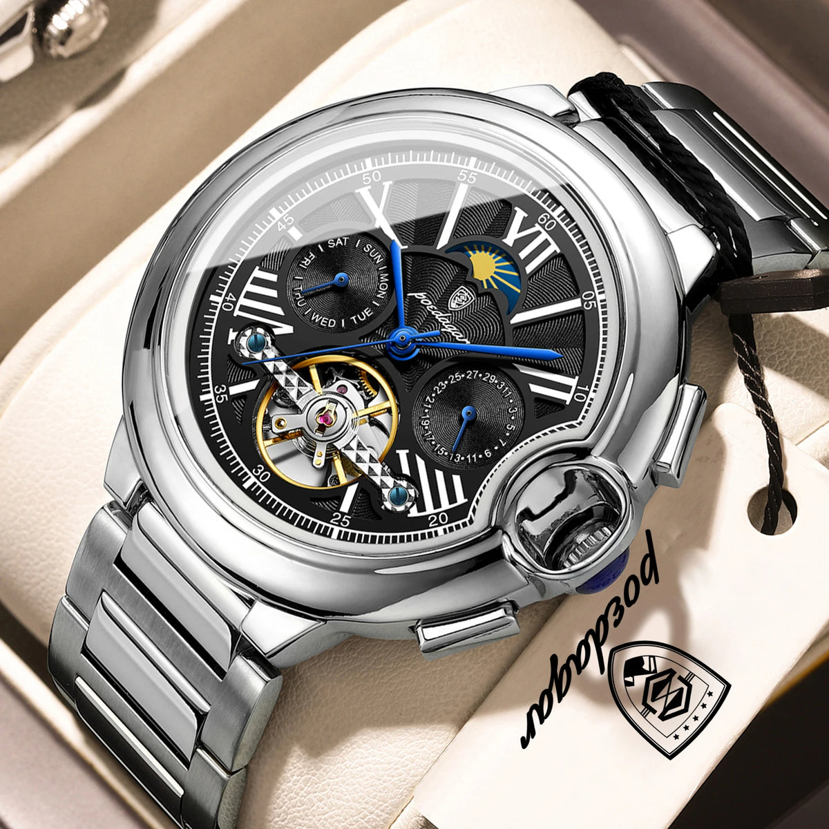 Montre de luxe pour homme POEDAGAR – Modèle automatique mécanique avec affichage de la date et du jour, bracelet en cuir, tourbillon, étanche, style élégant et professionnel.