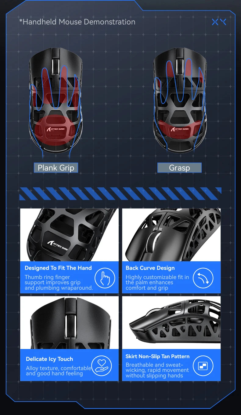 Mysz gamingowa ATTACK SHARK R3 ze stopu magnezu, konstrukcja honeycomb, ultralekka, 8K Hz, sensor PAW3395, 26000 DPI, ergonomiczna obudowa