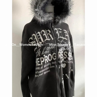 American Vintage Black Faux Fur Sweatshirts Women Letter Printed Subculture Coats with Hooded Female Gothic Harajuku Jackets Y2k