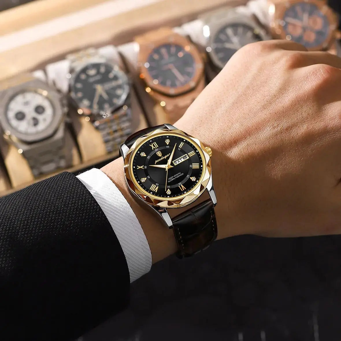 POEDAGAR men’s watch, original luxury model: water-resistant, luminescent, with date and day display. A classic, professional-style quartz watch, featuring a leather strap.