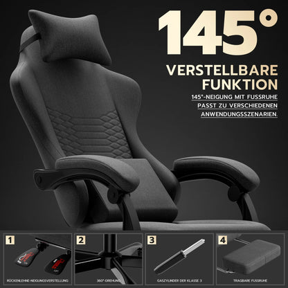 Dark Gray Fabric Gaming Chair, Massage Office Chair with Headrest, Ergonomic Racing Design, Adjustable Footrest, for PC Gamers