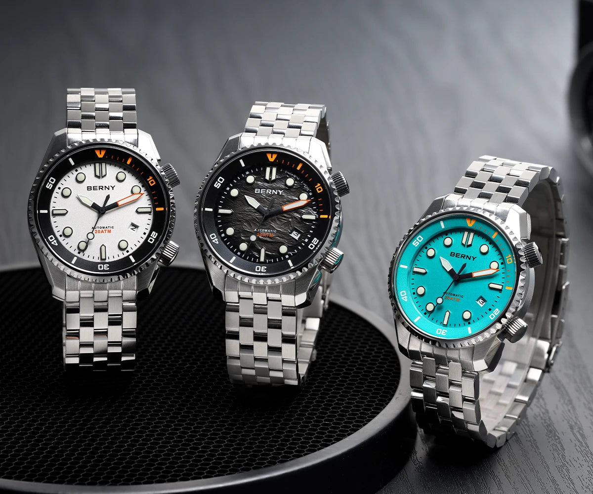 BERNY 20ATM Automatic Men's Watch Diver Sports Diving Watches Luxury Sapphire 316L Stainless Steel Mechanical Waterproof Watches